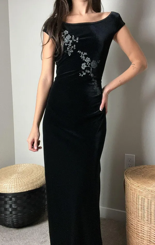 vintage 90s black velvet floral glitter boatneck fitted slit maxi dress gown - Image 3