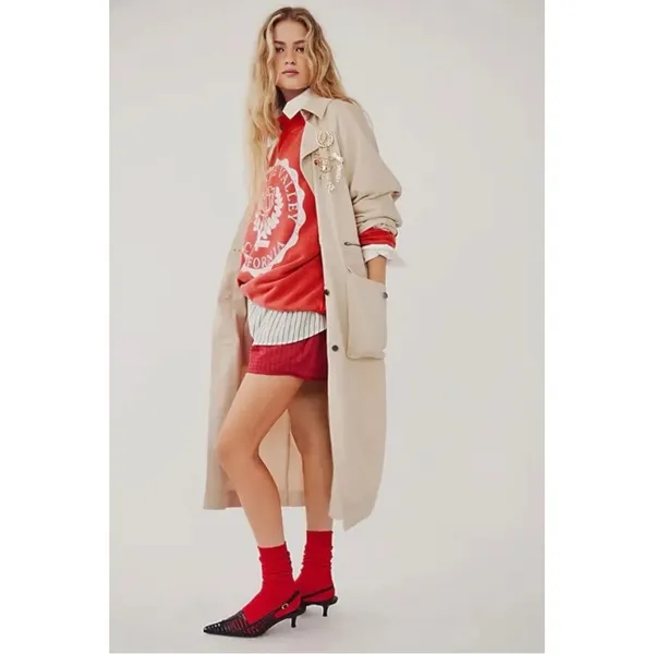Free People Perry Military Duster Trench Coat in French Oat Grunge Denim Medium - Image 13