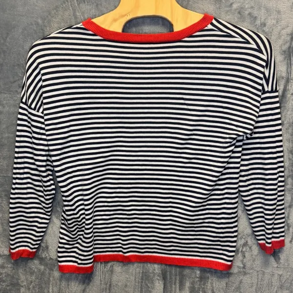 2282 | Narural Nautical Striped Cotton Knit Sweater Navy White Red Women L - Image 3