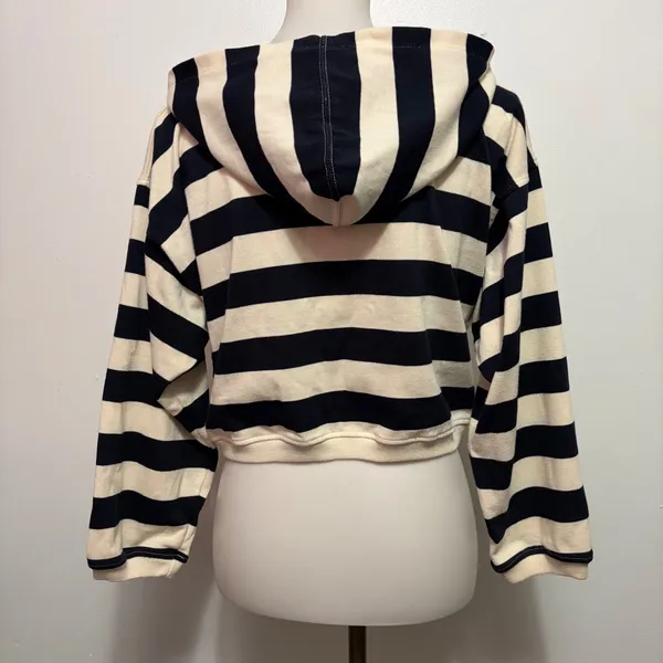 Tarazzia Sport Cropped Hoodie M Navy Cream Stripe Nautical Marin Bleu 90s French - Image 5