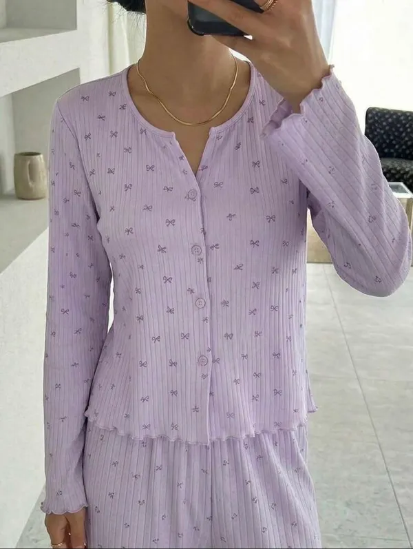 DAZY Lavender Bow Print Ribbed Pajama Sleep Top XL - Image 2