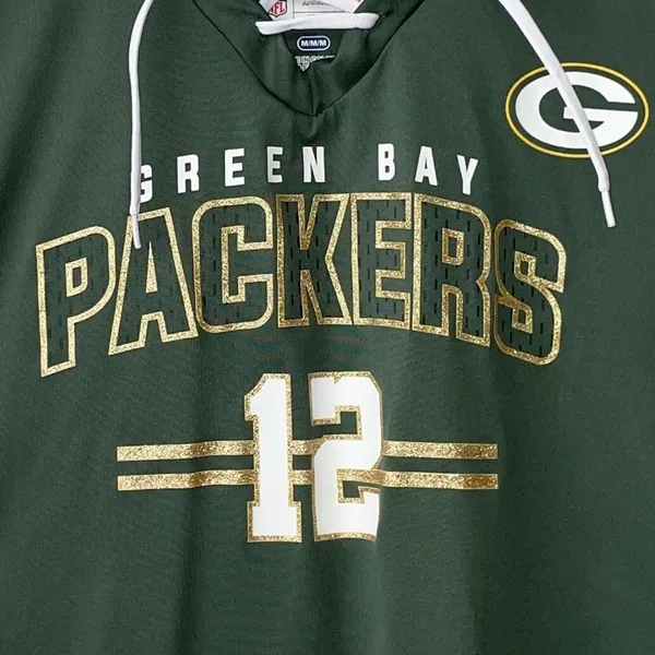 NFL Womens Size Medium Green Bay Packers Aaron Rodgers Gold Glitter Lace Up Top - Image 3