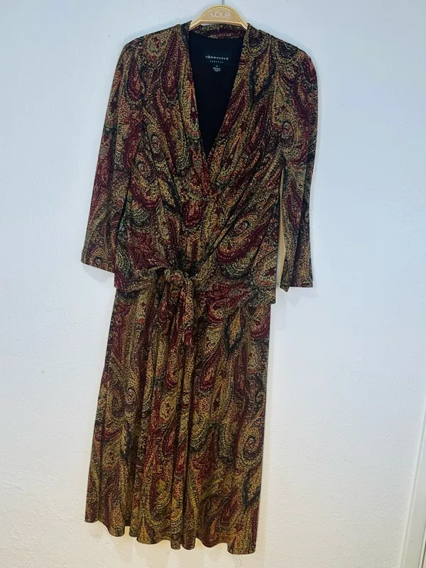 connected apparel Paisley Wrap Midi Dress in Olive and Burgundy - Image 2