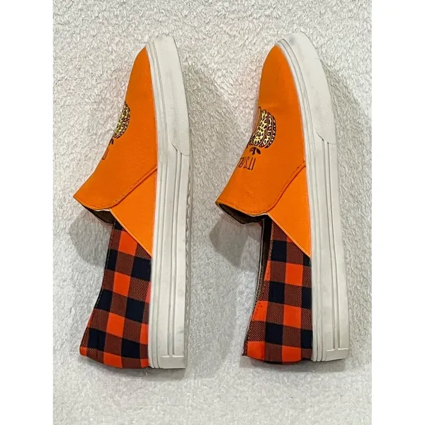 Orange Pumpkin “It’s Fall Y’all” Buffalo Plaid Canvas Slip On Sneakers Size 9.5 - Image 4
