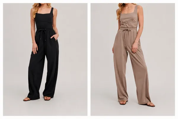 Women’s Sleeveless Square Neck Knit Jumpsuit – Soft Stretchy Wide Leg One Piece with Drawstring Waist & Pockets - Image 3