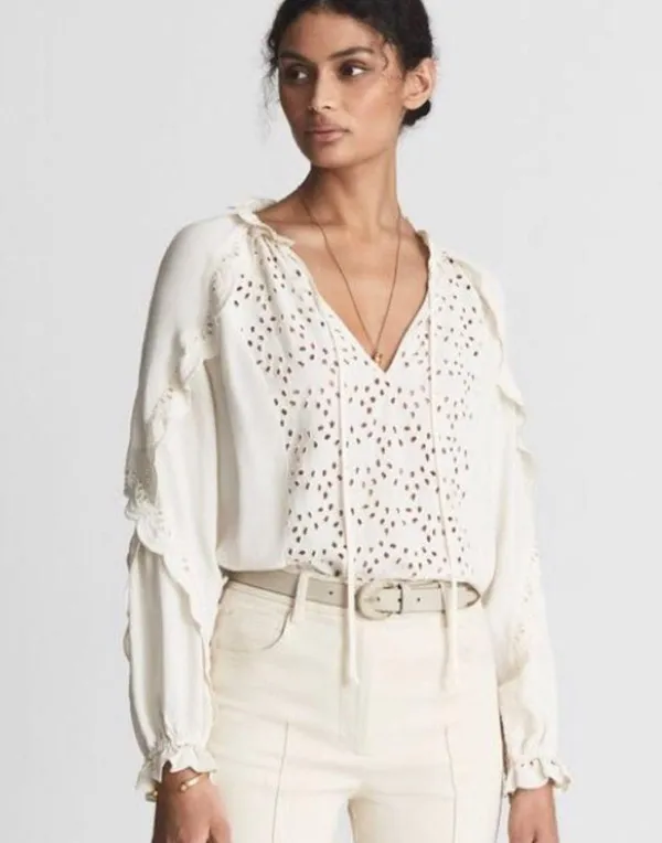 REISS Flora Broderie Scalloped Sleeves Ivory Cream Top Blouse 4 - Image 3