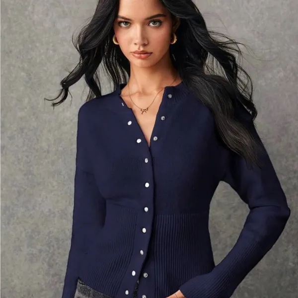 Navy Button-Front Ribbed Cardigan - Image 4