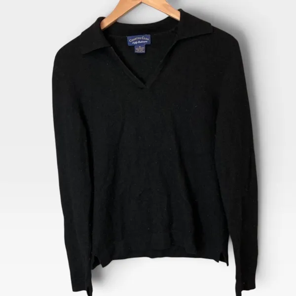 Charter Club Black 100% Cashmere 2-Ply Polo V-Neck Sweater Womens Medium - Image 2