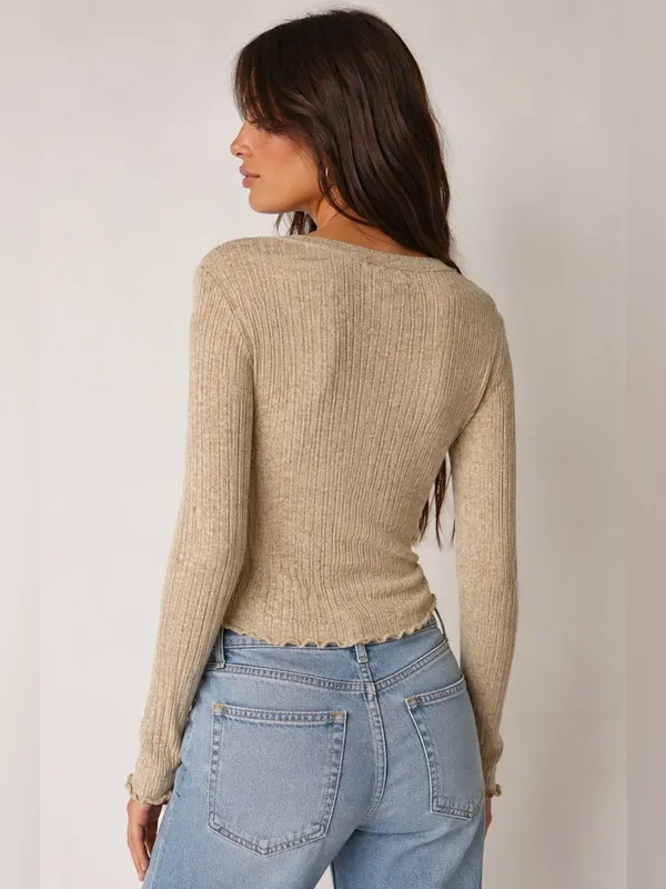 Altar'd State Rival Beige Ribbed Scoop-Neck Long Sleeve Top Size Small - Image 2