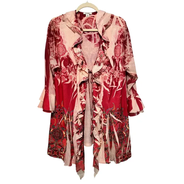 Dressbarn Woman 3X Red Pink Floral Embellished‎ Ruffle Open Front Topper - Image 7