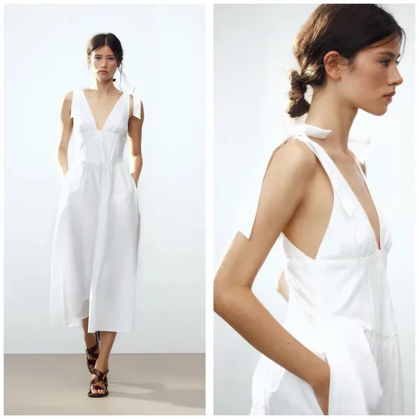 Zara White Poplin Tie Strap Midi Dress Large Milkmaid Corset Drop Waist 0881/334 - Image 9