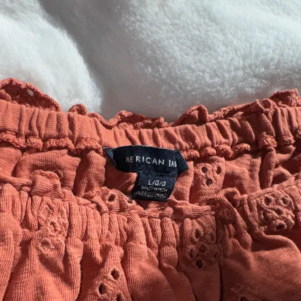 American Eagle Rust Eyelet Off Shoulder Crop Top L Boho Cottagecore Puff Sleeve - Image 2