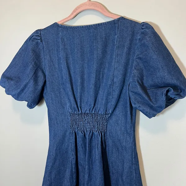 Zoe and Claire Denim Midi Dress Short Puff Sleeve Button Front Blue Small - Image 7