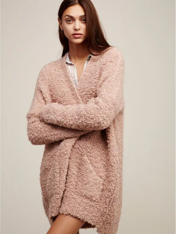 (RFB1) Free People Boucle Slouch Cardi Mauve Pink Medium EUC Oversized Cardigan - Image 2