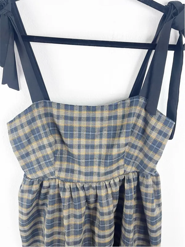 CIDER Brown Tartan Plaid Tie Shoulder Straps Back Zipper Closure Dress Medium - Image 7