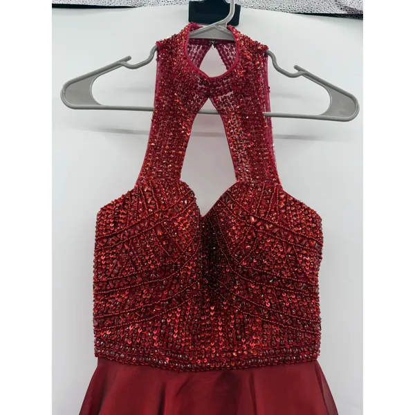 Sherri Hill‎ Red Halter Fit & Flare Cocktail Dress Women's Size 2 Beaded Formal - Image 4