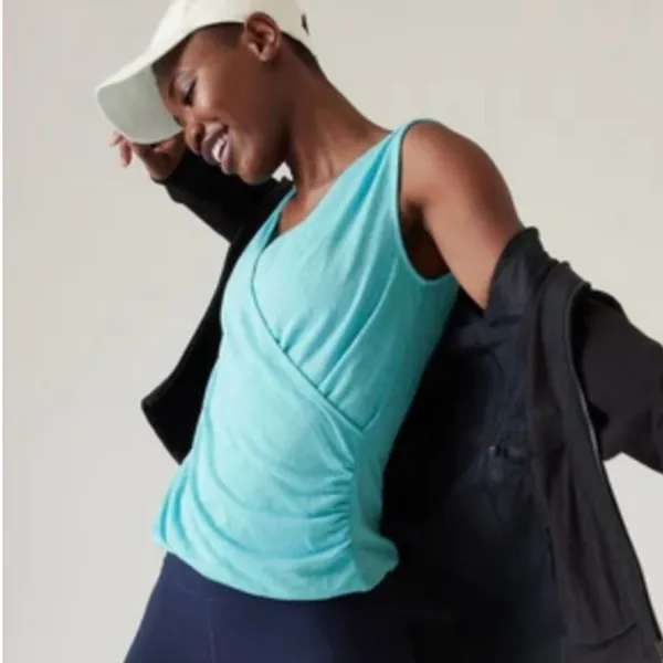 Athleta Breezy Wrap Tank Top Turquoise Blue Ruched V-Neck 988031 Large - Image 2