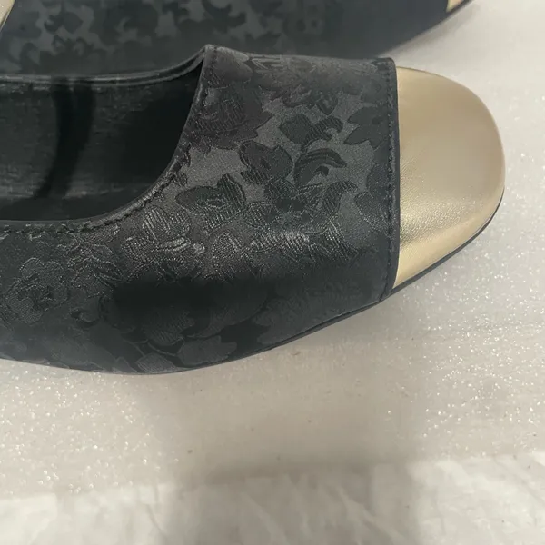 Black Floral Mary Jane Heels with Gold Toe and Pearl-Embellished Strap - Image 6
