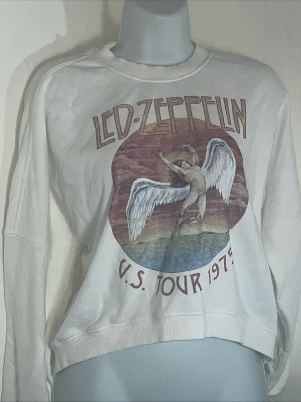 Led Zeppelin White Graphic Cropped Sweatshirt Size M - Image 2