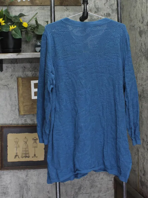 Logo By Lori Goldstein Button Front Cotton Cardigan Sweater Blue Slate 1X - Image 2