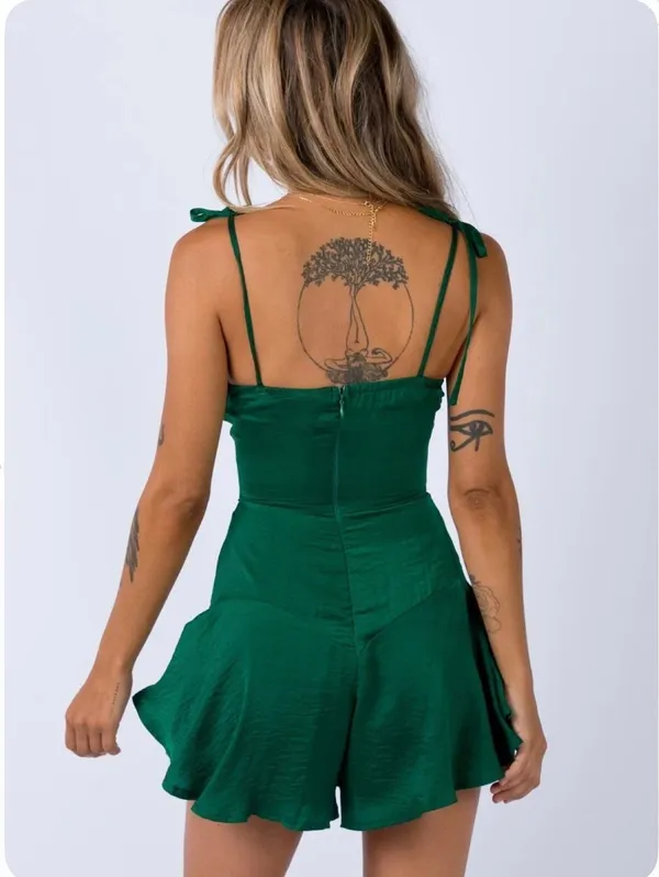 Princess Polly Bowers Emerald Green Satin Romper Playsuit - Image 2