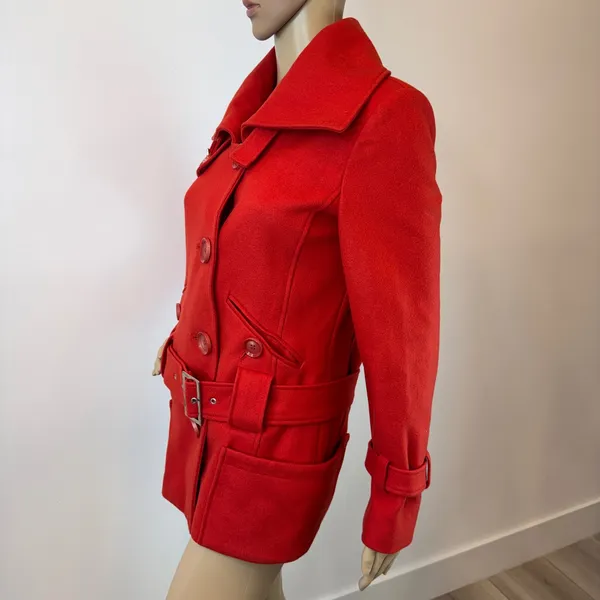 Red Wool Blend‎ Belted Peacoat Jacket with Wide Collar and Oversized Buttons S - Image 3