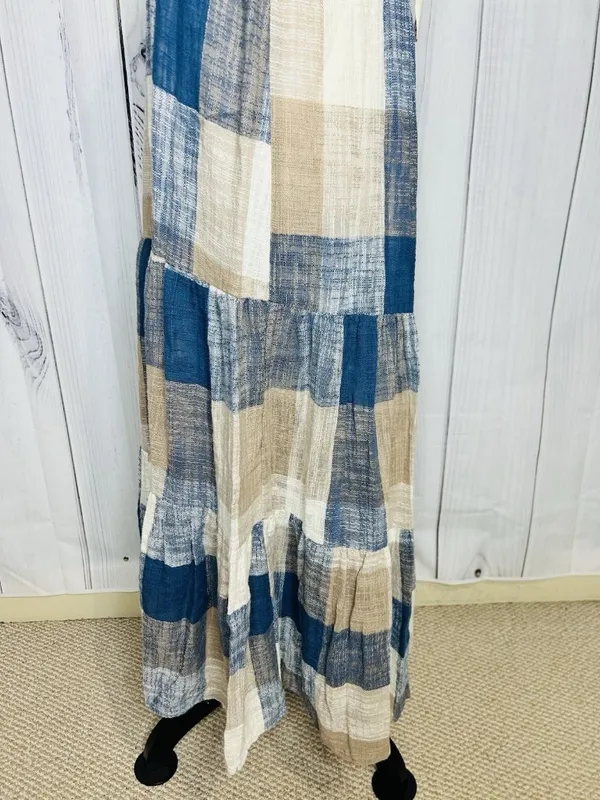Easel Los Angeles Patchwork Midi Dress Womens Sz L Blue Tan Boho Textured NWT - Image 7