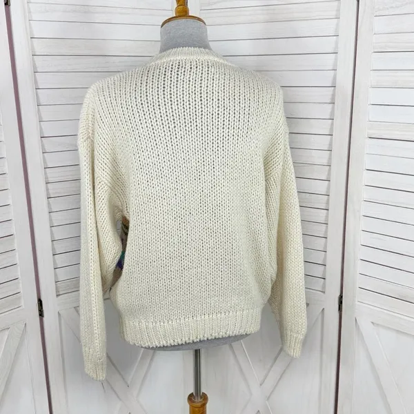 Vintage Rafferty 80s‎ 90s Floral Chunky Knit Sweater Ivory Large Crewneck - Image 4