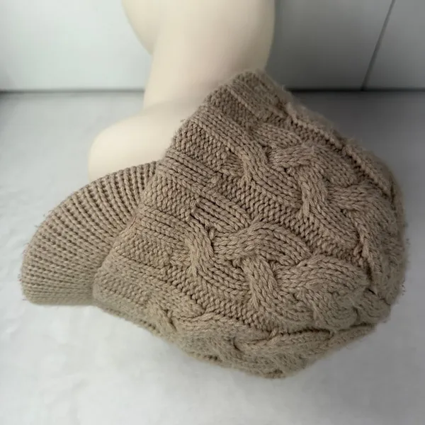 Y2K Adidas OSFM Visor Beanie Tan Cable Knit Fleece Lined Leather Logo Hat - Image 5