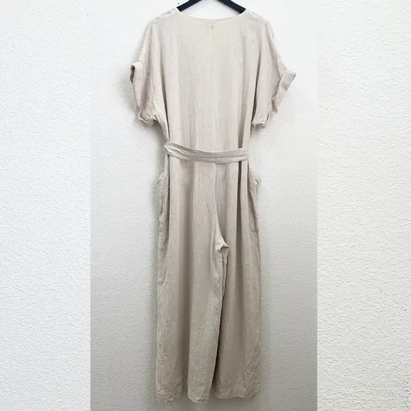 H&M Beige Linen Blend V Neck Button Front Jumpsuit Romper Size XL - Image 6