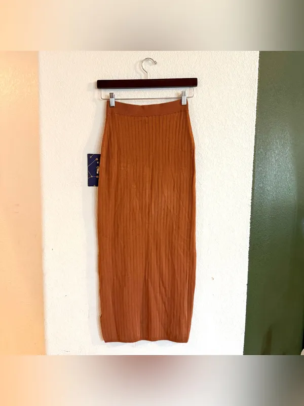 Free People Womens Pencil MIDI Skirt Burnt Orange Ribbed Stretch Size Small - Image 2