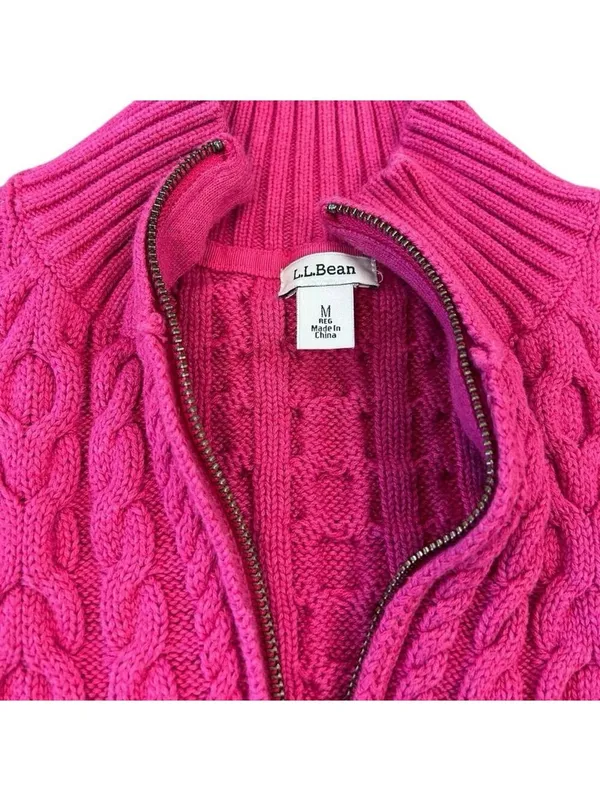 L.L.Bean Pink Cable Knit Full Zip Cardigan Sweater M - Image 7