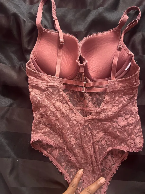 Lace Bustier Teddy Bodysuit in Deep Mauve Purple Size M - Image 4