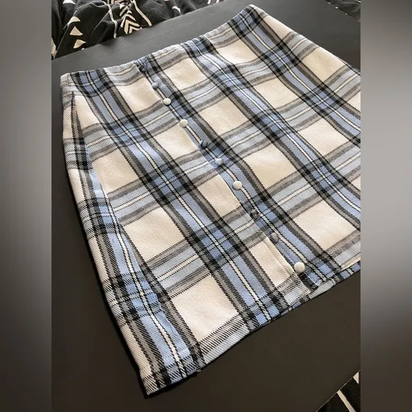 BLUE RAIN Plaid Fleece Button Lined Mini Skirt Y2K Women’s Sz S EUC - Image 2