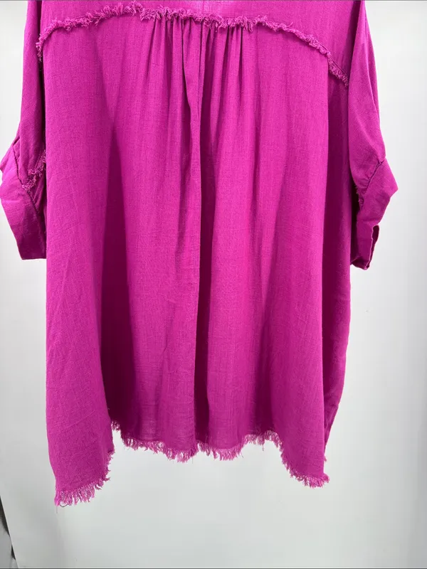 Umgee Fuchsia Button-Down Shirt with Frayed Placket XL oversized linen blend - Image 10
