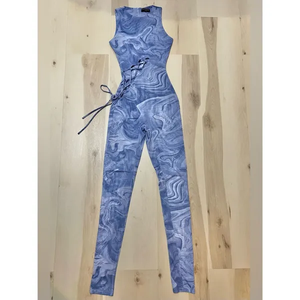 Naked Wardrobe NWT Women Small Blue Marble Mesh No Strings Attached Jumpsuit - Image 5
