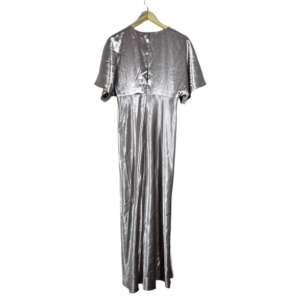 Birdy Grey Jesse Satin Maxi Dress Taupe Pink Formal Flutter Slit Size L - Image 5