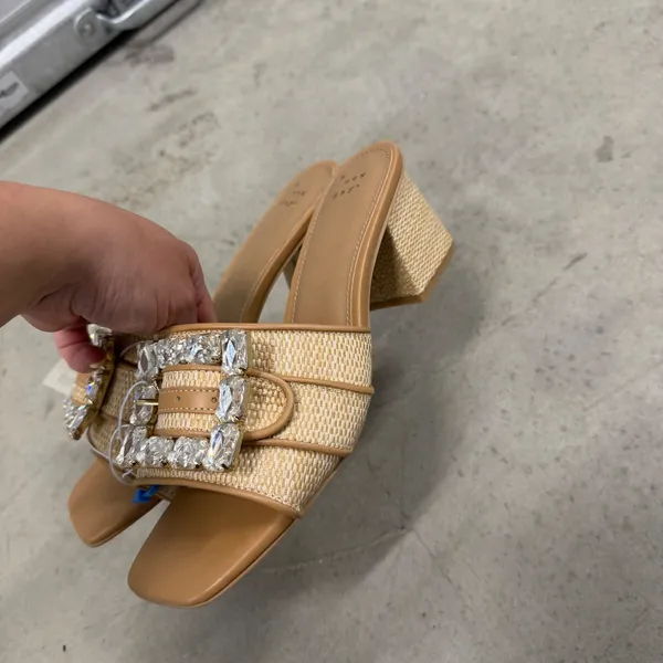 A New Day Tan Raffia Crystal Buckle Block Heel Slide Sandals Size 8.5 NEW - Image 2