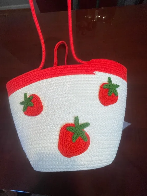 Sunglow Style Strawberry Woven Crochet White Rope Tote Bag Summer Beach Picnic - Image 9