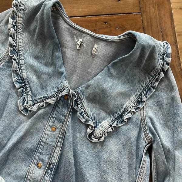 Ganni Peter Pan Collared Ruffle Denim Shirt Indigo Blue 34/XS - Image 7