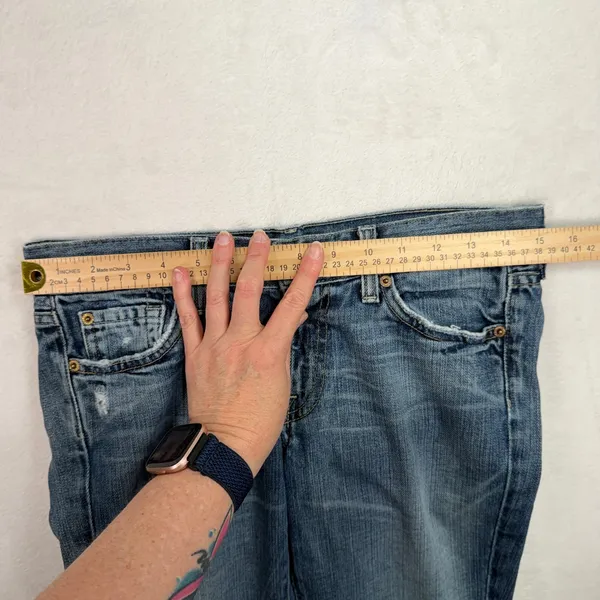 7 For All Mankind 27 Jeans Flare Low Rise Boho Retro Distressed Medium Blue Wash - Image 15