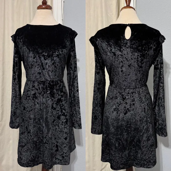 Mossimo Supply Black Velvet Crushed Long Sleeve Ruffle Trim Whimsigoth Dress L‎ - Image 3