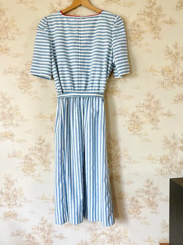 Vintage 80s Leslie Fay Blue White Striped Nautical Retro Belted Midi Dress - Image 3