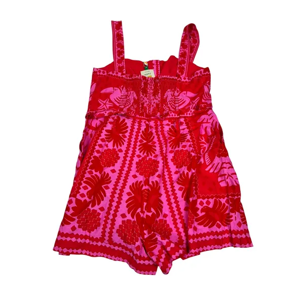 NWT Farm Rio Jungle Scarf Red Pink Linen Blend Romper Button Front Sleeveless M - Image 2