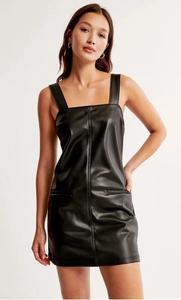 Abercrombie Black Faux Leather Front Pocket Mini Shift Dress Layering - Image 5