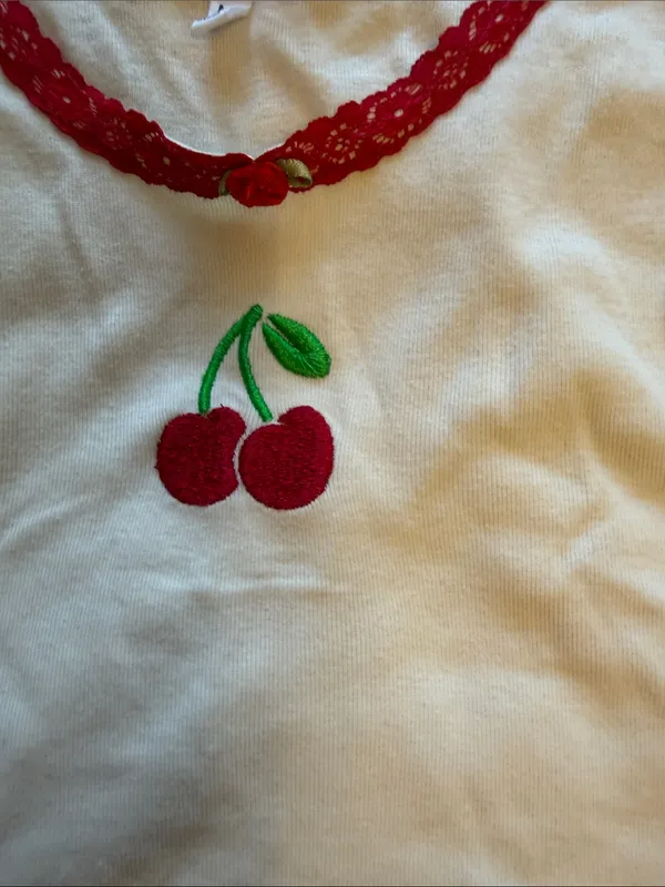 Cherry Embroidered Cream Tank & Shorts Set Red Size M - Image 3