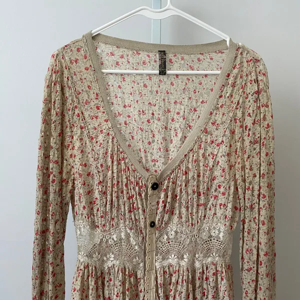 Free People Cotton Y2K Fairy Peasant Babydoll Floral Lace Cardigan Top XS Beige - Image 2