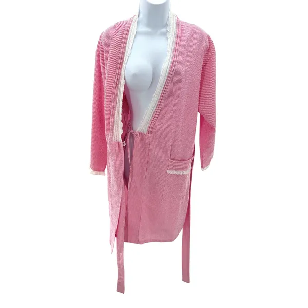 Eileen West Pink White‎ Seersucker Robe S M Stripe Cotton Blend Lace Trim Wrap - Image 2