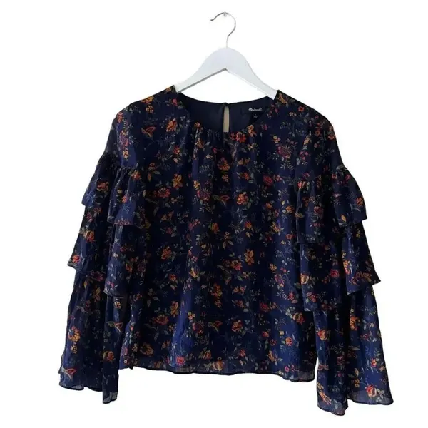 Madewell Blue Floral Ruffle Sleeve in Climbing Vine Blouse Shirt Top SZ S #2214 - Image 9