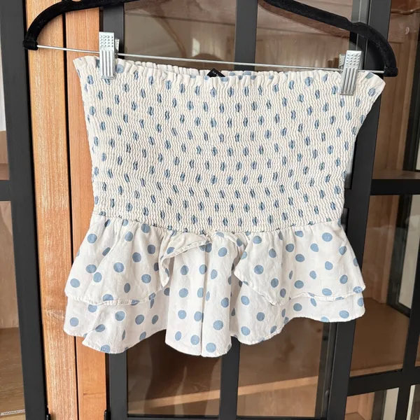 Zara polka dots linen cotton smocked top ruffle strapless stretchy tube - Image 2